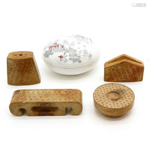 A Seal Paste Box and 4 Stone Sculptures Box is 9 c...