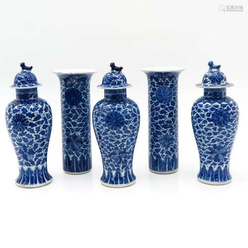 A 5 Piece Blue and White Garniture Set Floral deco...