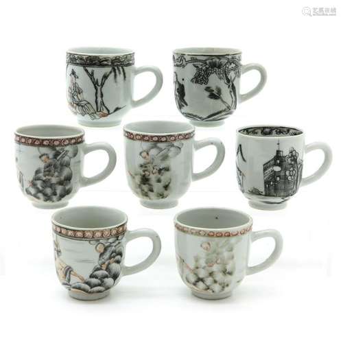 Lot of 7 Encre De Chine Decor Cups Depicting diver...