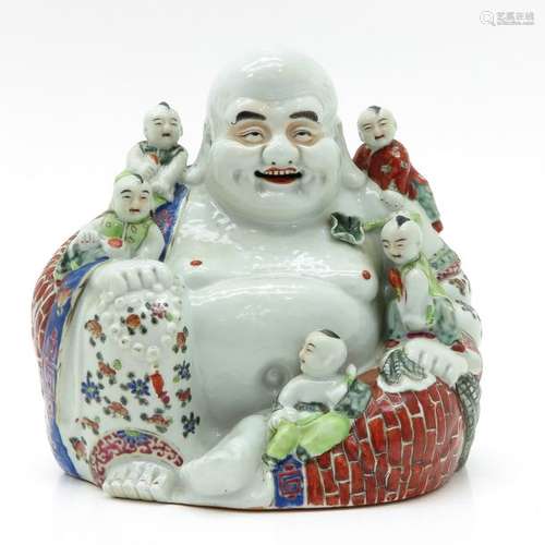 A Porcelain Hotei Buddha Sculpture with Children P...