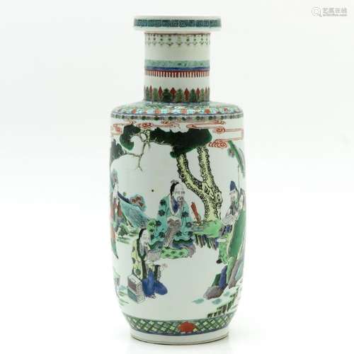 A Famille Verte Rouleau Vase Depicting gathering o...