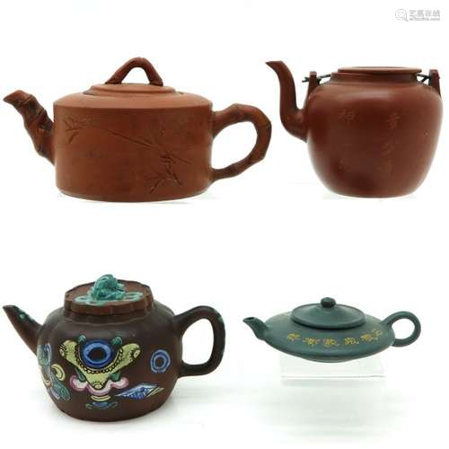 A Lot of 4 Yixing Teapots Including 1 with enamel ...