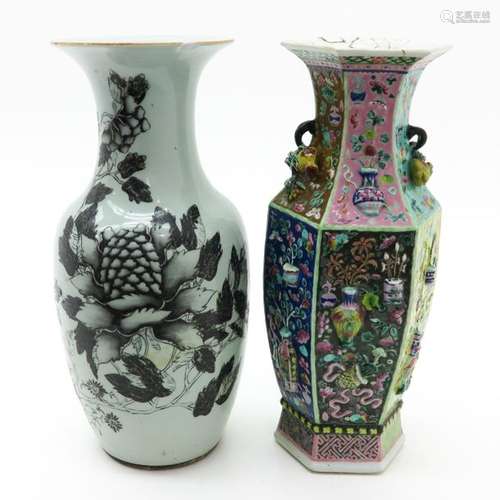 A Lot of 2 Vases Including polychrome decor and on...