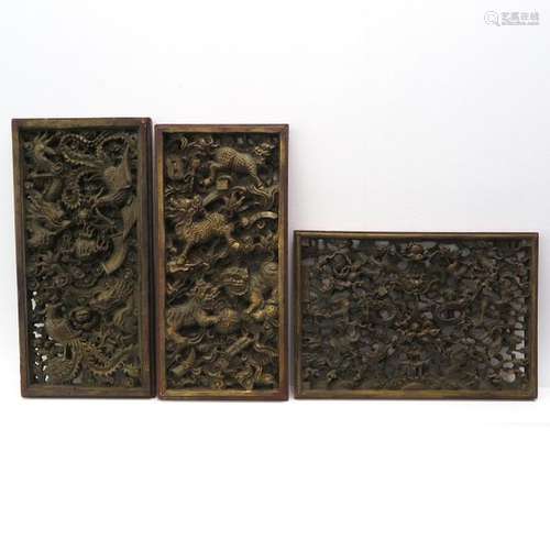 A Series of 3 Carved Panels Depicting dragons, 26 ...