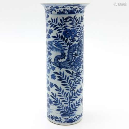 A Blue and White Cylinder Vase Depicting florals a...