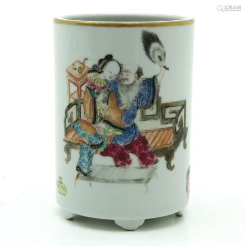 A Polychrome Decor Brush Pot Depicting Chinese man...