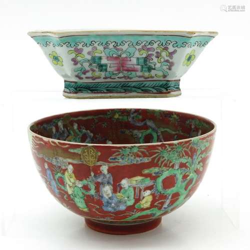 A Polychrome Decorated Bowl and Alter Dish Bowl is...