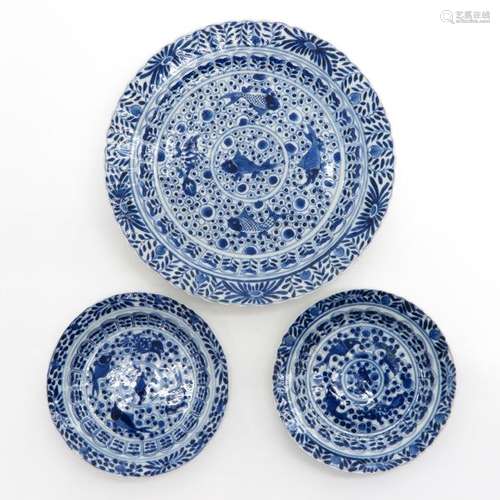 3 Blue and White Fish Plates Also depicting flower...