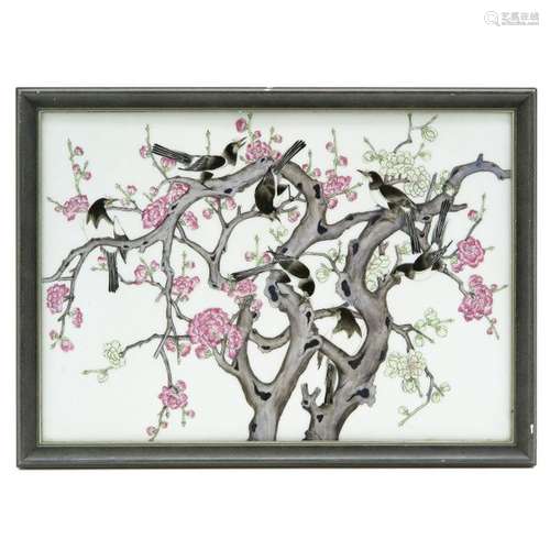 A Framed Chinese Tile Depicting a tree with flower...