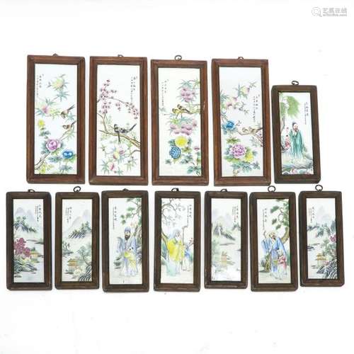 A Lot of 12 Framed Chinese Tiles Diverse decors, l...