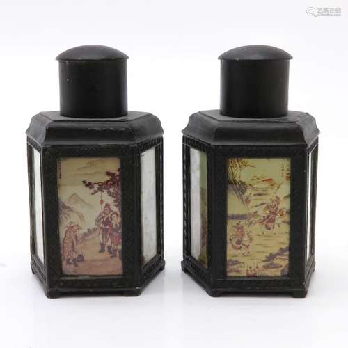 A Pair of Tea Boxes Landscape scenes, 18 cm. Tall....