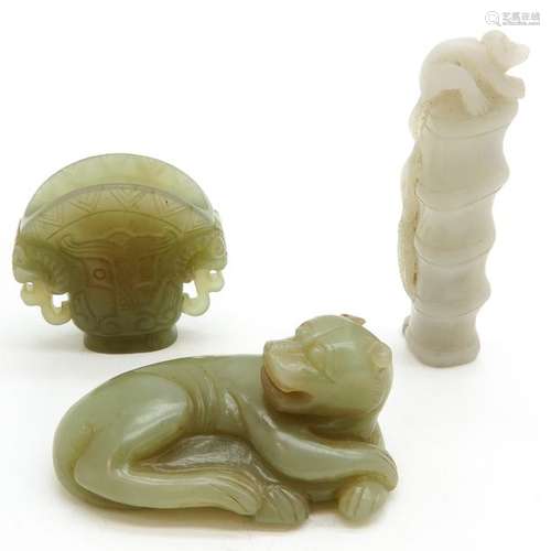 A Lot of 3 Carved Jade Sculptures Including temple...