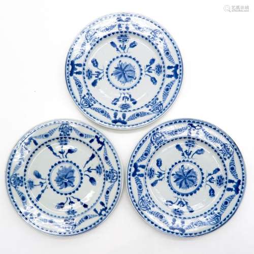 A Series of 3 Blue and White Plates Floral decor, ...