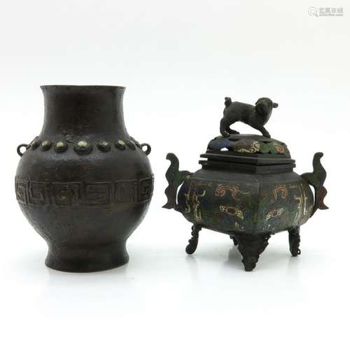 A Bronze Vase and Censer Censer with remnants of c...