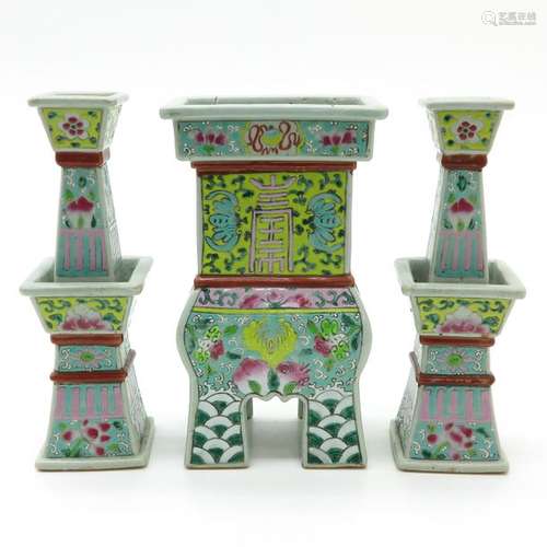 A Famille Rose Censer with Pair of Candlesticks Fl...