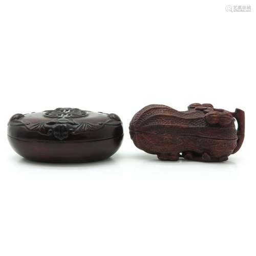 A Carved Wood Peanut Shaped Box and Faux Box Large...