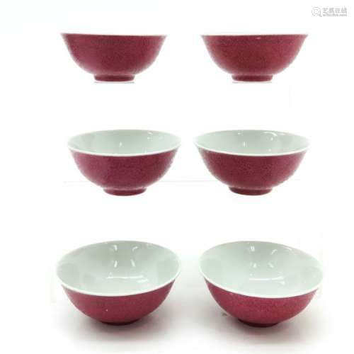 A Series of 6 Ruby Bowls Sgraffitto background, 11...