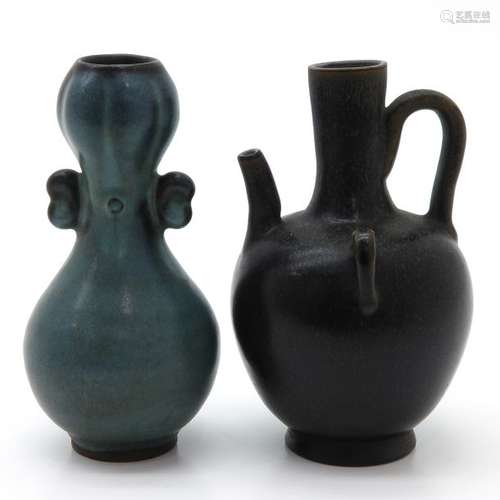 A Green Glaze Vase and Brown Glaze Pot Tallest is ...