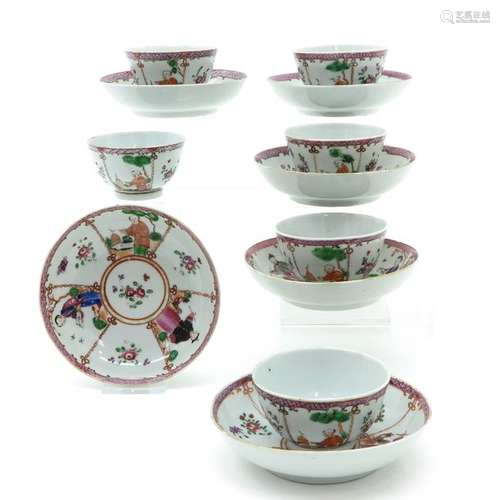 A Lot of 6 Polychrome Decor Cups and Saucers Depic...