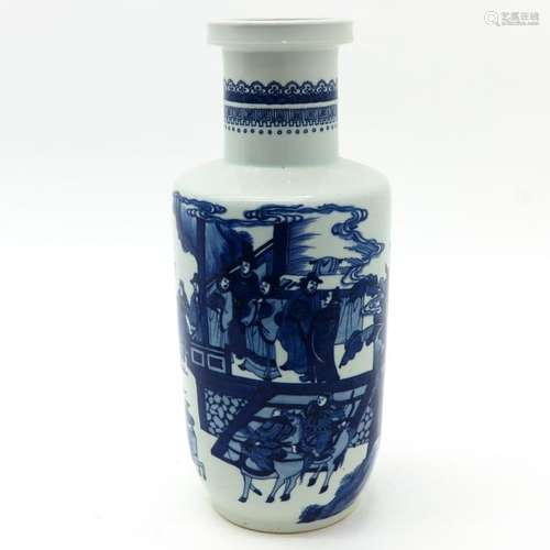 A Blue and White Rouleau Vase Depicting gathering ...