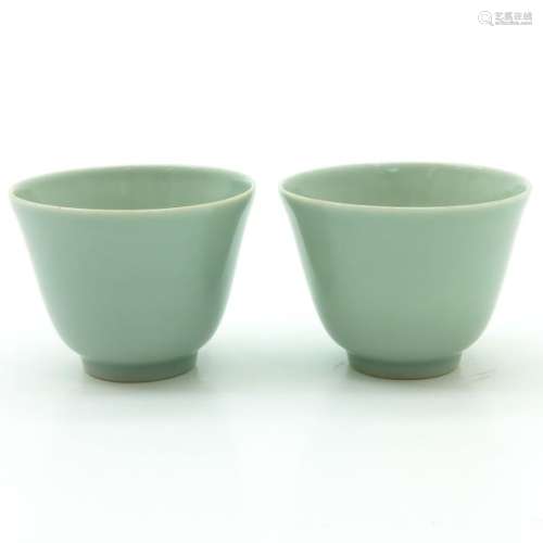 A Pair of Celadon Cups Marked on bottom with seal ...