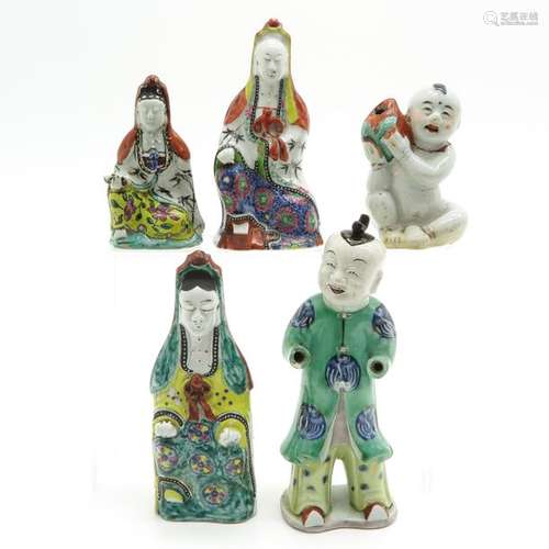 A Lot of 5 Porcelain Chinese Sculptures Tallest is...