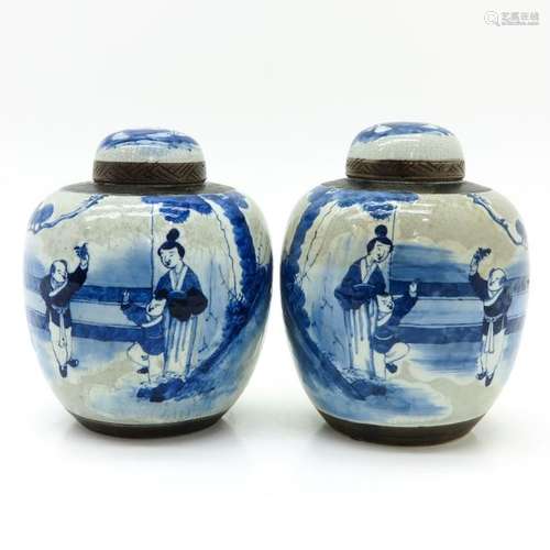 A Pair of Blue and White Nanking Ginger Jars Depic...