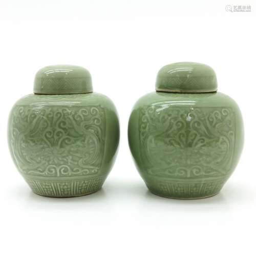 A Pair of Celadon Ginger Jars Dragon decor with fl...