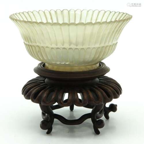 A Carved Jade Bowl on Carved Wood Stand Scalloped ...