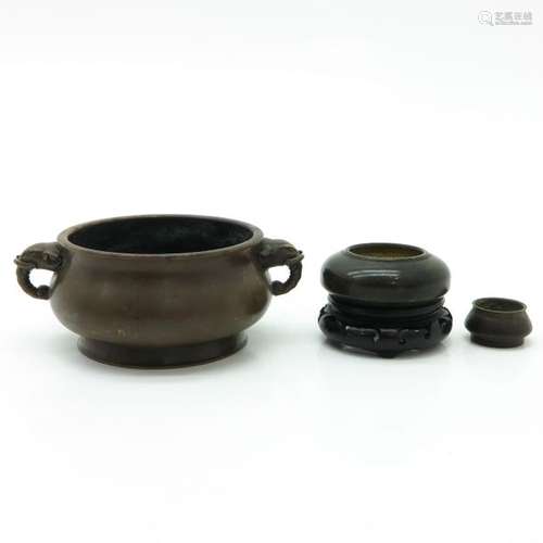 A Lot of 3 Bronze Censers 1 with carved wood base,...