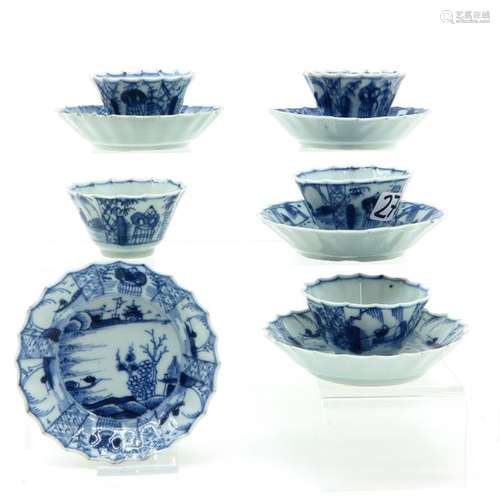 A Series of 5 Blue and White Decorated Cups and Sa...