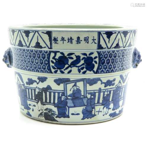 A Large Blue and White Planter Depicting gathering...