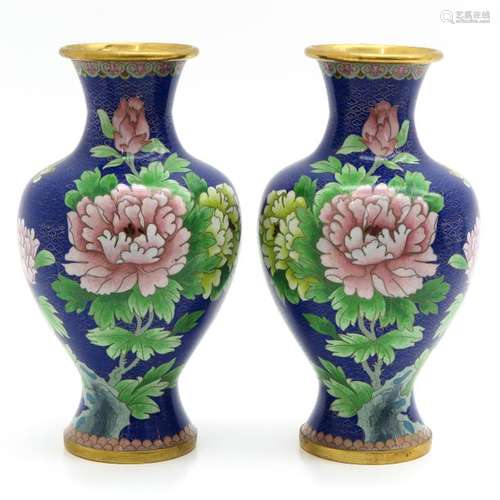 A Pair of Cloisonne Vases Blue ground with pink fl...