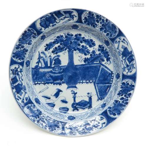 A Blue and White Decor Charger Depicting scene wit...