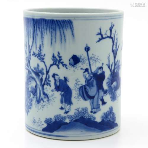 A Blue and White Brush Pot Depicting landscape sce...