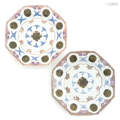 A Pair of Polychrome Octagonal Plates In pink and ...