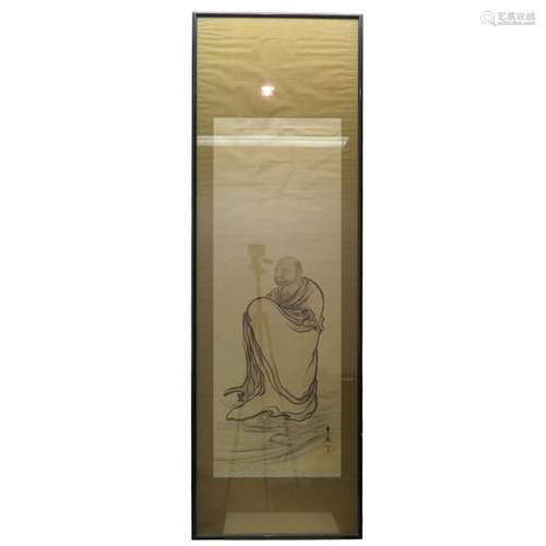 Framed Painted Scroll Depicting seated man, signed...