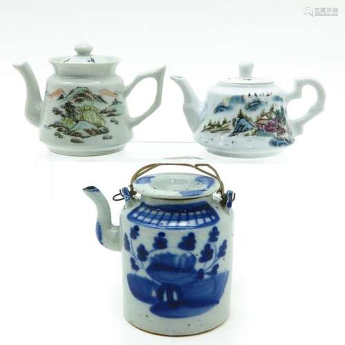 A Blue and White Decor Teapot and 2 Polychrome Tea...