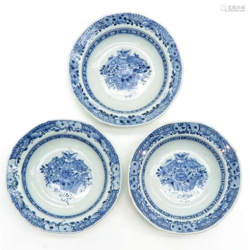 A Series of 3 Blue and White Plates Depicting flow...