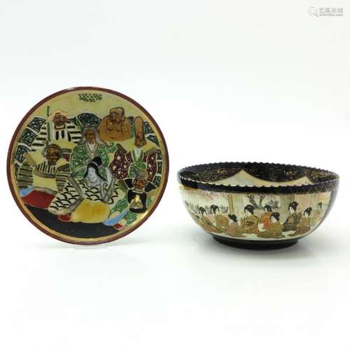 A Satsuma Bowl and Plate Bowl in landscape decor w...