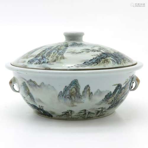 A Serving Bowl with Cover Depicting landscape deco...