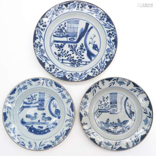 Lot of 3 Blue and White Plates Including 2 rooster...