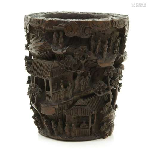 A Carved Wood Brush Pot Depicting landscape decor ...