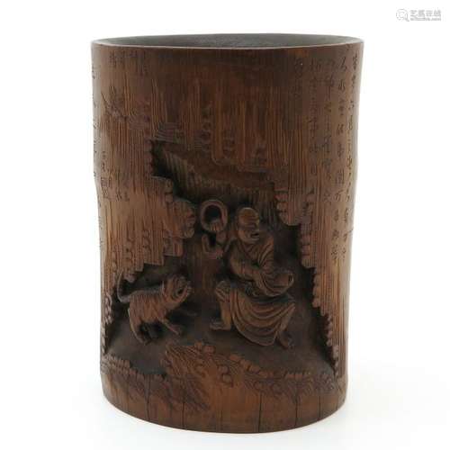 A Carved Wood Brush Pot Depicting Chinese men, 18 ...