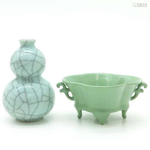 A Celadon Censer and Double Gourd Vase Vase is 14 ...