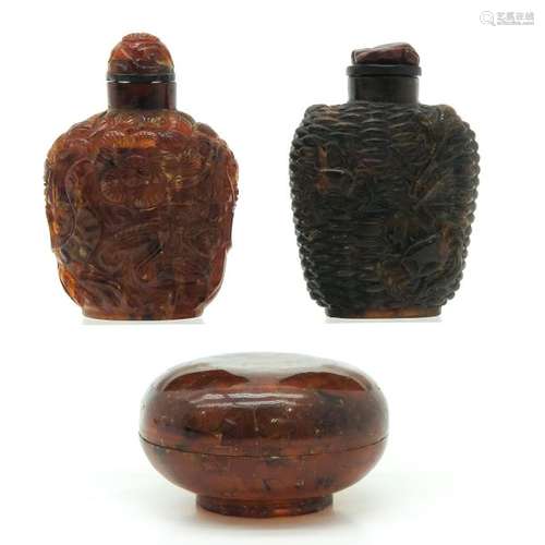 A Lot of 2 Carved Amber Snuff Bottles and Pill Box...