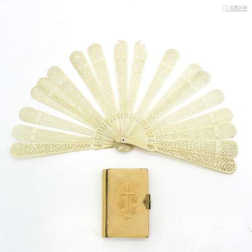 An Antique Bible and Chinese Fan Fan is 19 cm. Lon...