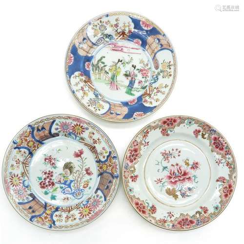 A Lot of 3 Famille Rose Plates 2 in floral decor a...