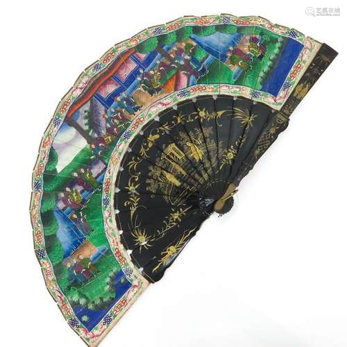 A Chinese Fan Tortoise frame with paper fan, 53 x ...