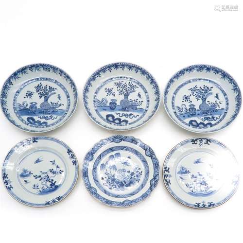 A Lot of 6 Blue and White Plates In diverse patter...